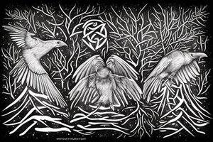 two ravens in forest, winter, snow, mist, celtic, nordic, viking, trees, ice, night, huginn, muginn, norse, vegvisir, rune, ruins tattoo idea