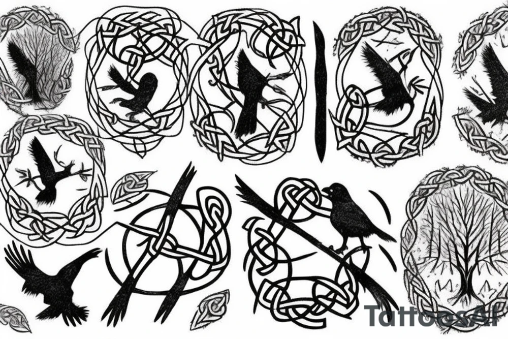 two ravens in forest, winter, snow, mist, celtic, nordic, viking, trees, ice, night, huginn, muginn, norse, vegvisir, rune, ruins tattoo idea