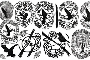 two ravens in forest, winter, snow, mist, celtic, nordic, viking, trees, ice, night, huginn, muginn, norse, vegvisir, rune, ruins tattoo idea