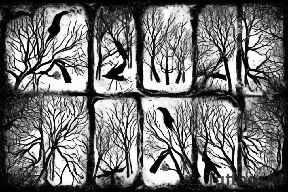 two ravens in forest, winter, snow, mist, celtic, nordic, viking, trees, ice, night, huginn, muginn, norse, vegvisir, rune, ruins tattoo idea