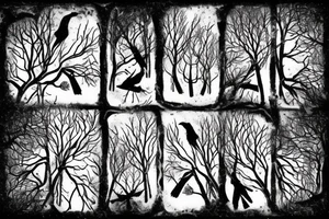 two ravens in forest, winter, snow, mist, celtic, nordic, viking, trees, ice, night, huginn, muginn, norse, vegvisir, rune, ruins tattoo idea