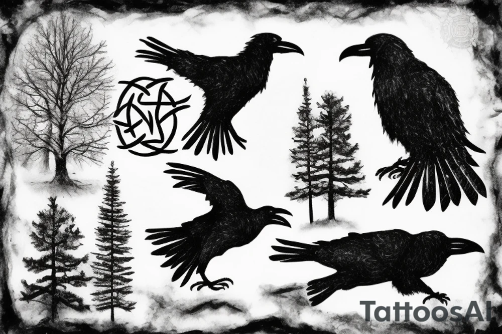 two ravens in forest, winter, snow, mist, celtic, nordic, viking, trees, ice, night, huginn, muginn, norse, vegvisir, rune, ruins tattoo idea