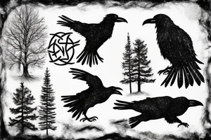 two ravens in forest, winter, snow, mist, celtic, nordic, viking, trees, ice, night, huginn, muginn, norse, vegvisir, rune, ruins tattoo idea