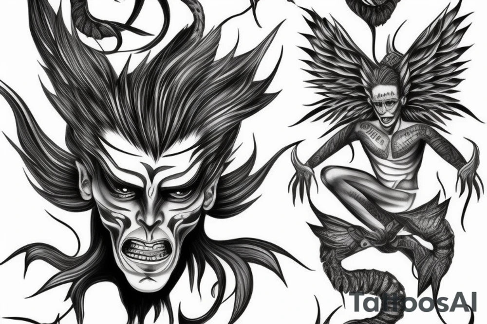 Half man half demon with single wing tattoo idea