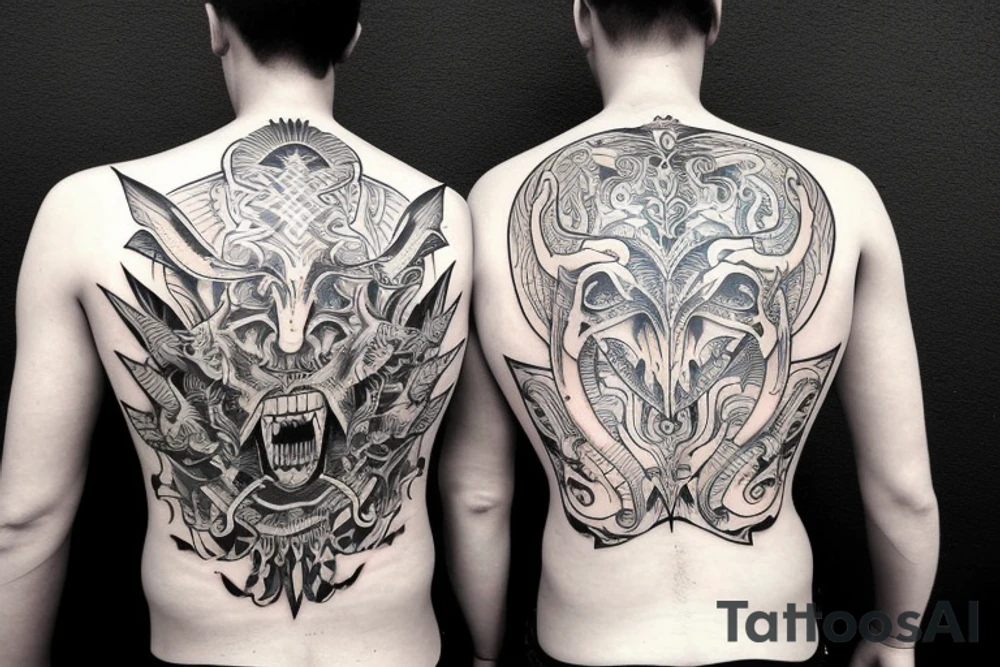 Half man half demon with single wing on the back tattoo idea