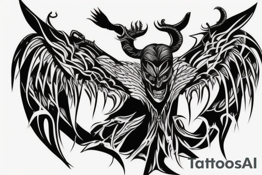 Half man half demon with single wing on the back tattoo idea