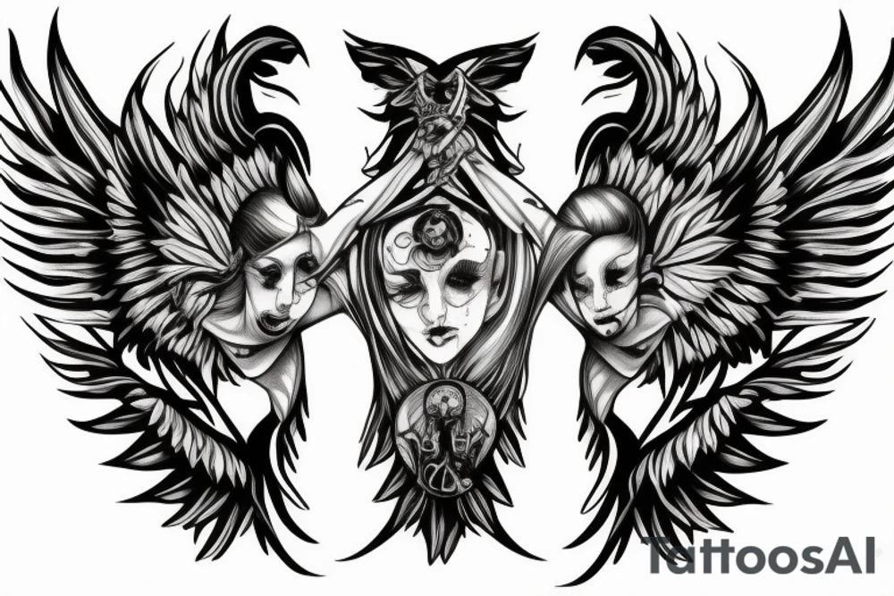 Angel with legs and arms with a demon inside and just one wing tattoo idea
