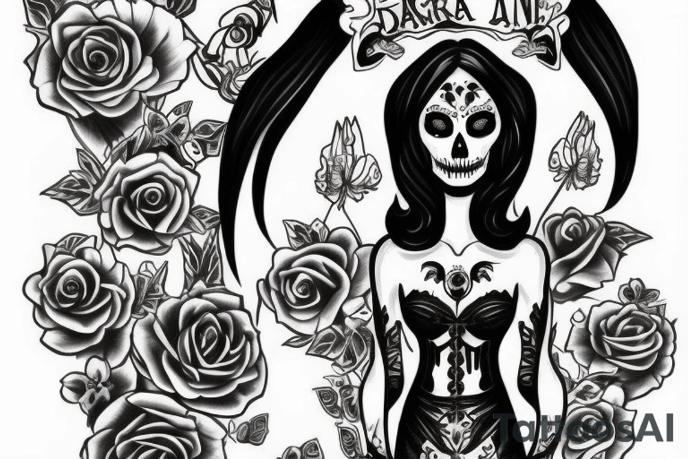 Dark angel with Catrina face tattoo idea