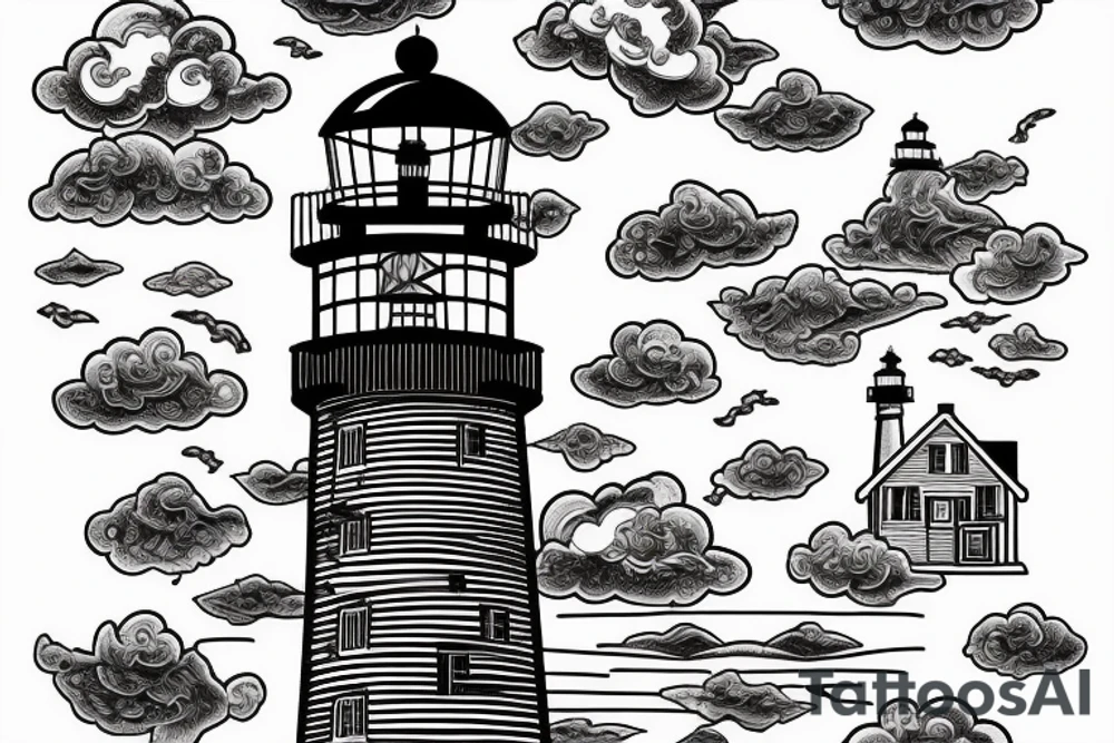 Lighthouse beside a river with a blue sky and some clouds in the back tattoo idea