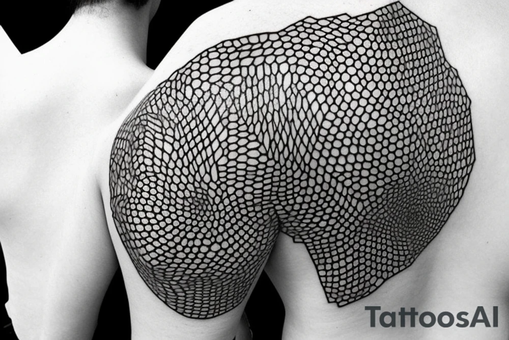 Honeybee lavender hexagons geometric across shoulder blades tattoo idea