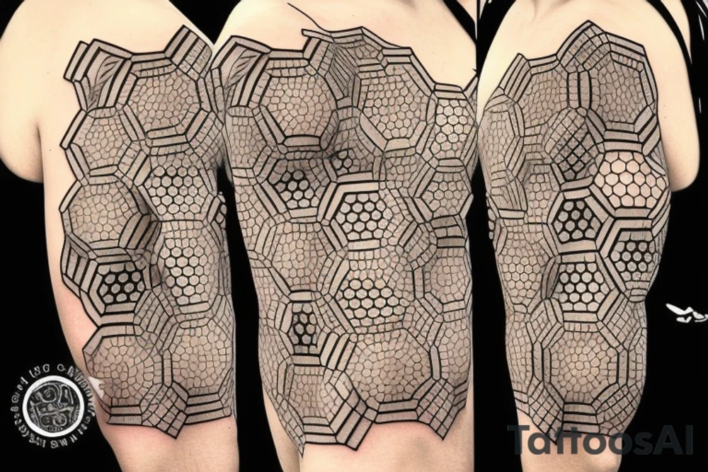 Honeybee comb hexagons geometric across shoulder blades tattoo idea