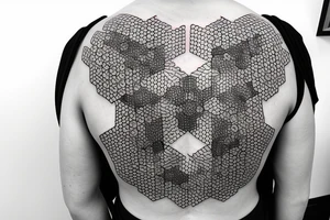 Honeybee comb hexagons geometric across shoulder blades tattoo idea