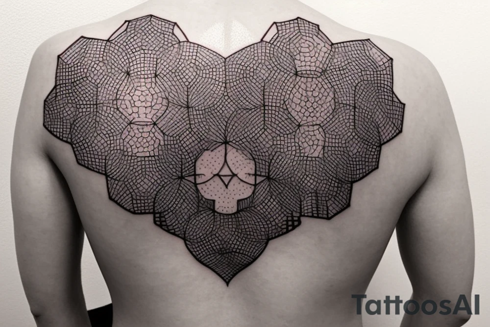Honeybee comb hexagons and lavender flowers geometric across shoulder blades tattoo idea