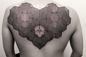 Honeybee comb hexagons and lavender flowers geometric across shoulder blades tattoo idea