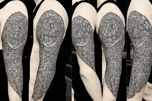 Honeybee comb hexagons and lavender flowers geometric across shoulder blades tattoo idea