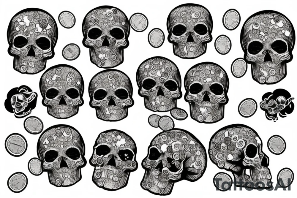 a skull stuffed with coins and bills tattoo idea