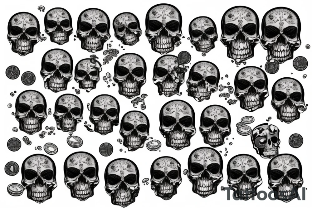 a skull stuffed with coins and bills tattoo idea