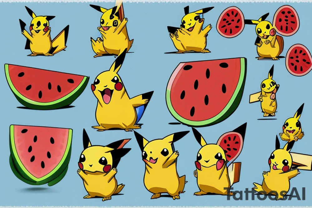 Pikachu eating watermelon tattoo idea