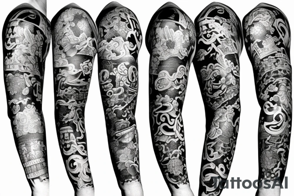 left arm full sleeve in a Japanese style with features of history tattoo idea