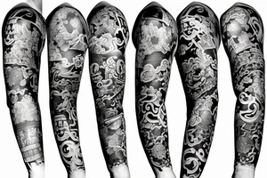 left arm full sleeve in a Japanese style with features of history tattoo idea