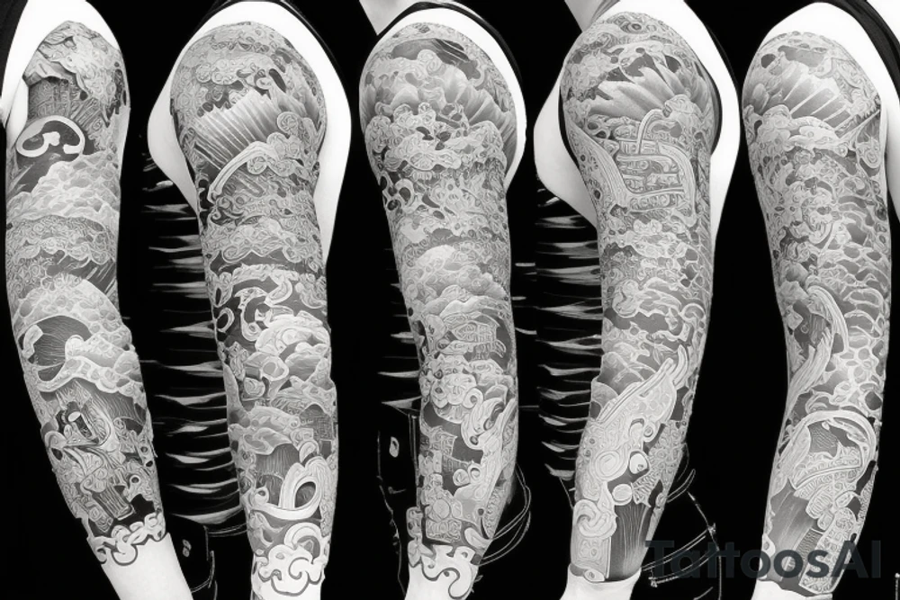 left arm full sleeve in a Japanese style with features of history tattoo idea