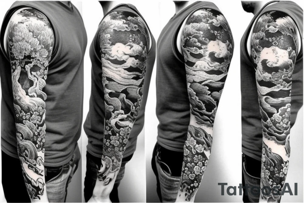 left arm full sleeve in a Japanese style with features of history tattoo idea