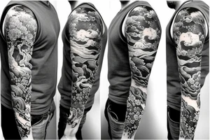 left arm full sleeve in a Japanese style with features of history tattoo idea