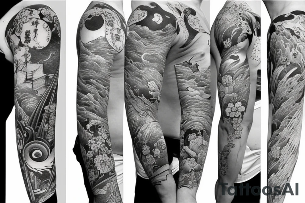 left arm full sleeve in a Japanese style with features of history tattoo idea