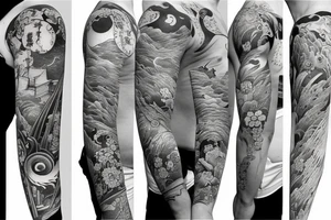 left arm full sleeve in a Japanese style with features of history tattoo idea