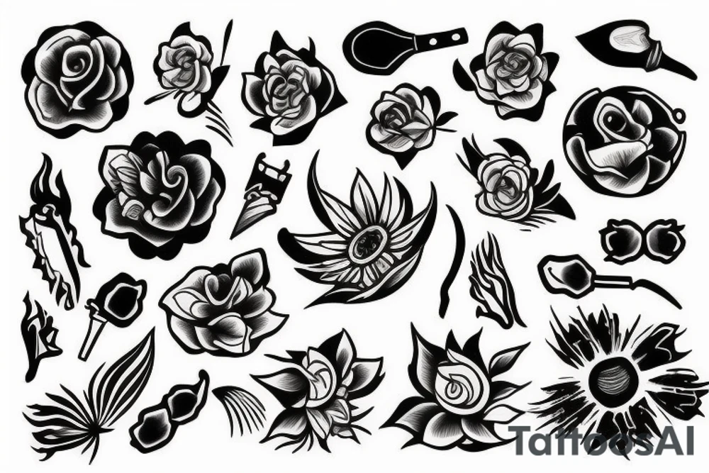 flower, fire, knife tattoo idea
