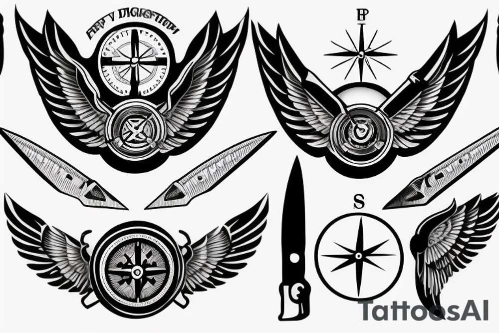 pilot wings around a compass with knife tattoo idea