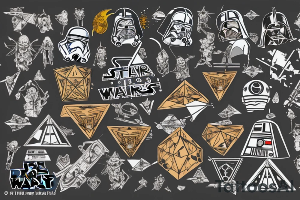 Polka trash, full body, question mark, 42, 23, star wars, bill cypher, geometrical, triangels tattoo idea