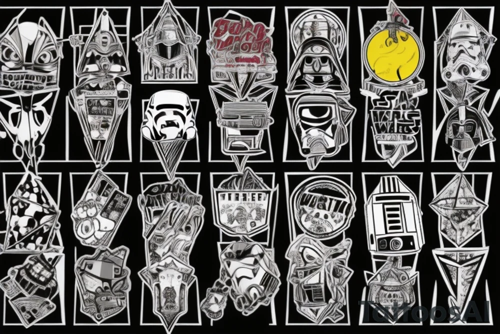 Polka trash, full body, question mark, 42, 23, star wars, bill cypher, geometrical, triangels tattoo idea