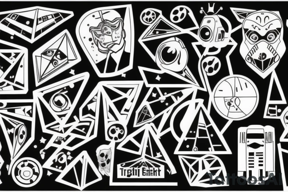 Polka trash, full body, question mark, 42, 23, star wars, bill cypher, geometrical, triangels tattoo idea