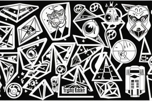 Polka trash, full body, question mark, 42, 23, star wars, bill cypher, geometrical, triangels tattoo idea