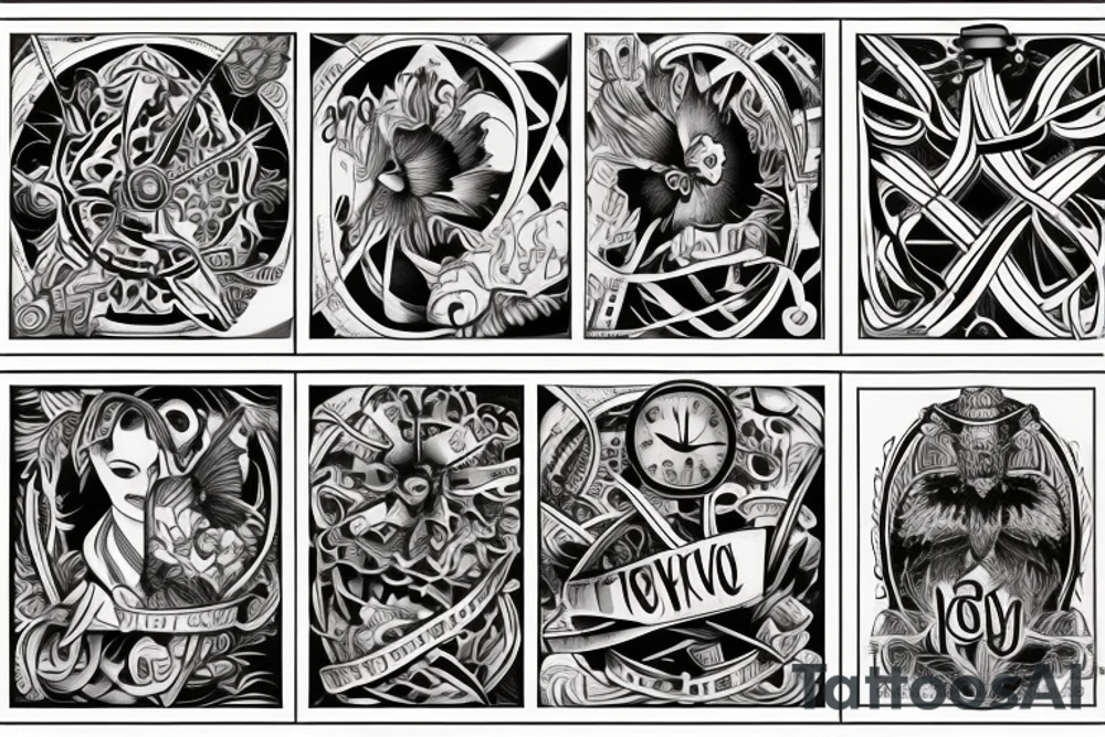 Tattoo for the whole back made up of 3 different stories divided diagonally that have a common point about what it means... never give back no matter what situation you are in because time solves them all tattoo idea