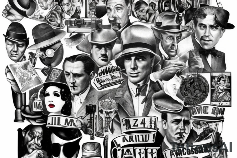 create ma a tattoo related to classic cinema and gangsters , extra detailed tattoo idea