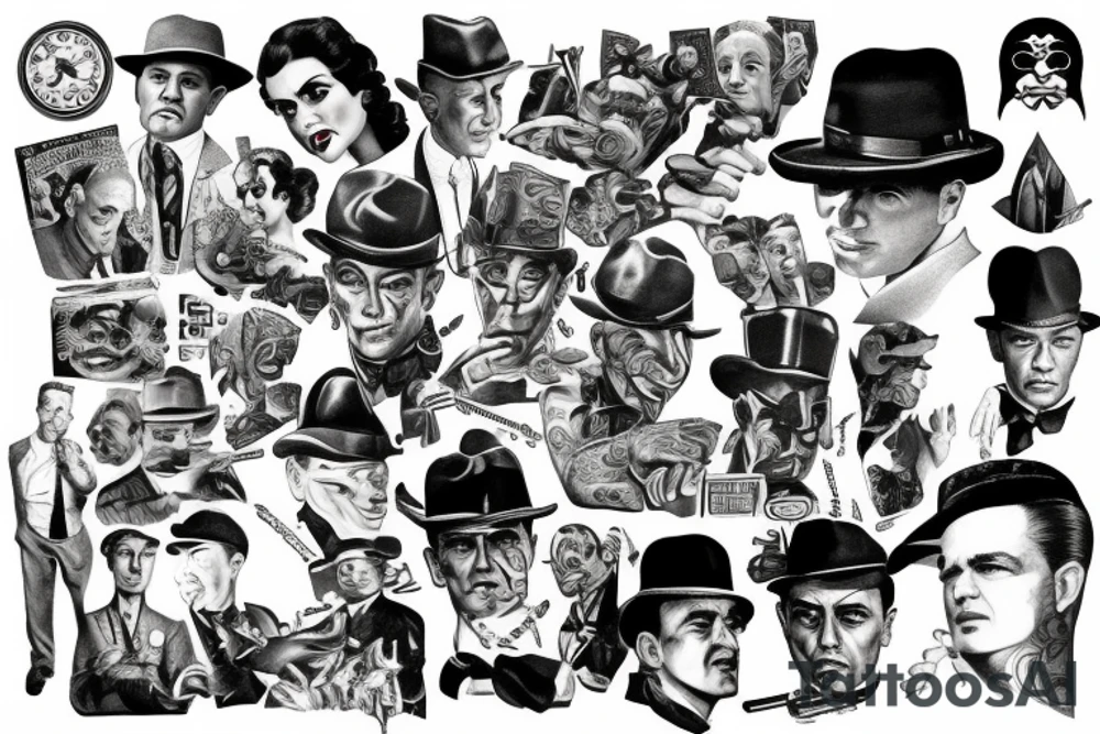 create ma a tattoo related to classic cinema and gangsters , extra detailed tattoo idea