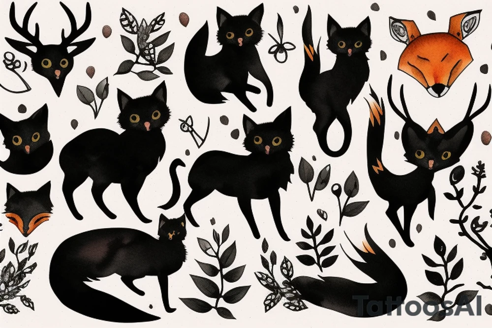 A black cat, a fox and a deer tattoo idea