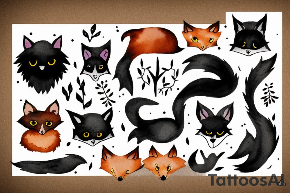 A black cat, a fox and a deer tattoo idea