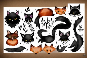 A black cat, a fox and a deer tattoo idea