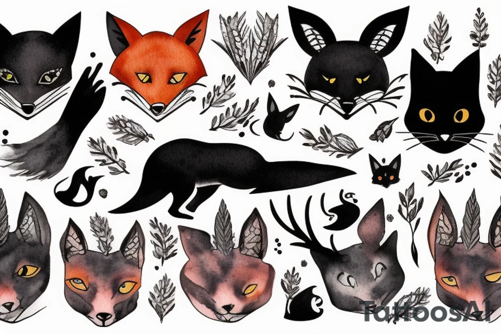 A black cat, a fox and a deer full arm sleeve tattoo idea