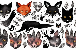 A black cat, a fox and a deer full arm sleeve tattoo idea