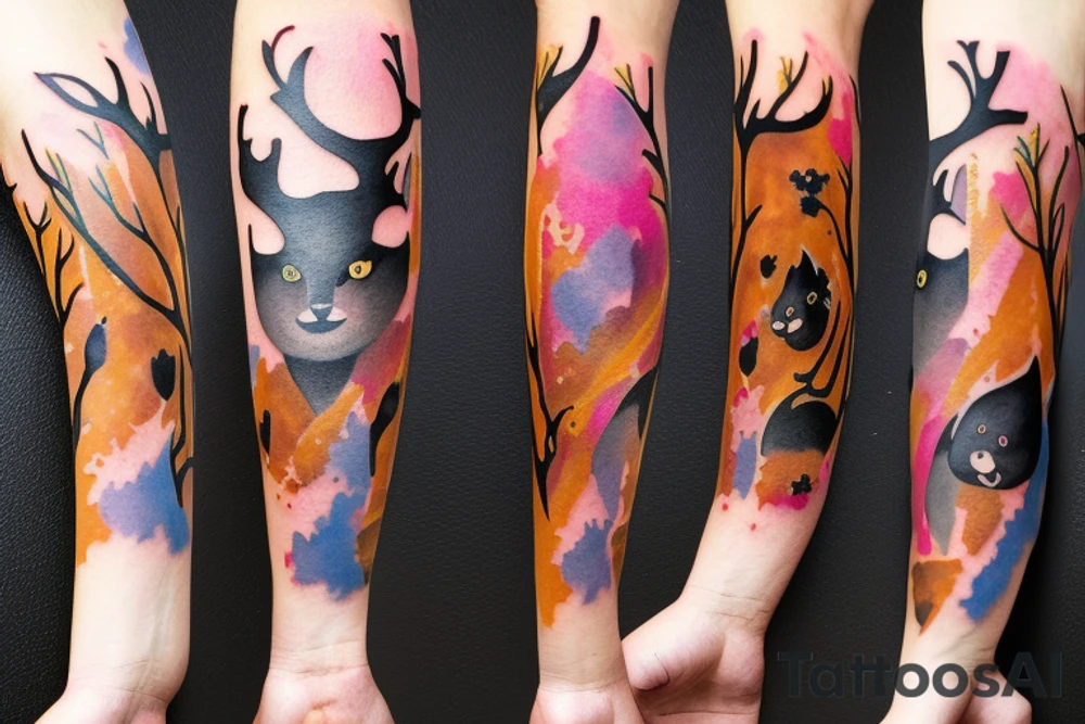 A black cat, a fox and a deer full arm sleeve tattoo idea