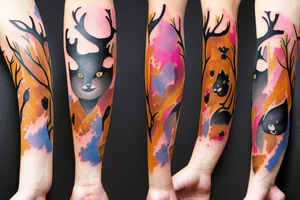 A black cat, a fox and a deer full arm sleeve tattoo idea