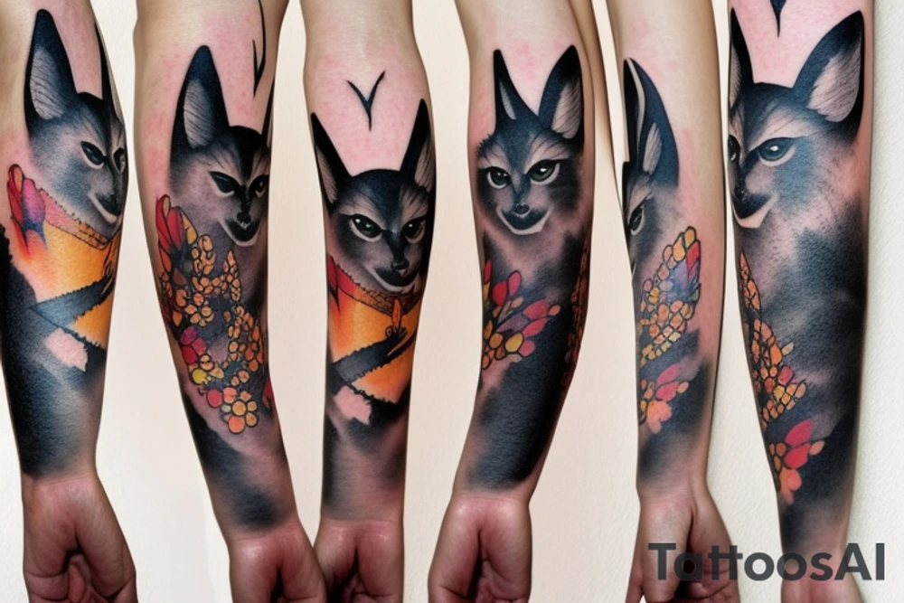 A black cat, a fox and a deer as three witches full arm sleeve tattoo idea