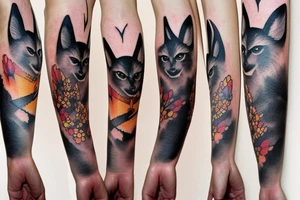 A black cat, a fox and a deer as three witches full arm sleeve tattoo idea
