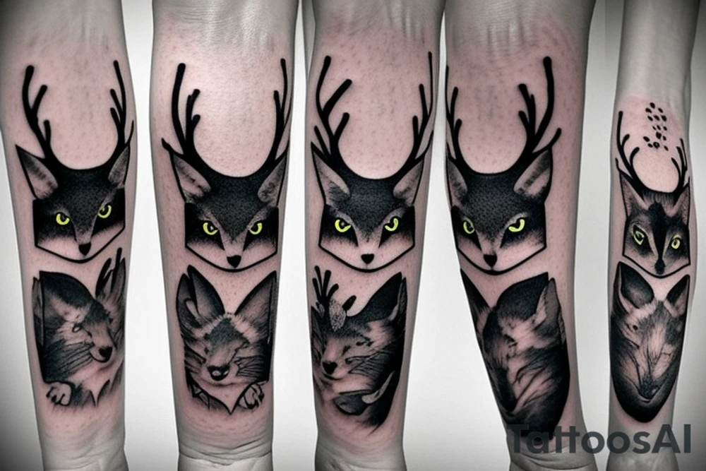 A black cat, a fox and a deer as three witches full arm sleeve tattoo idea