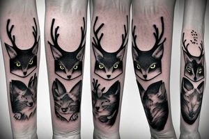 A black cat, a fox and a deer as three witches full arm sleeve tattoo idea