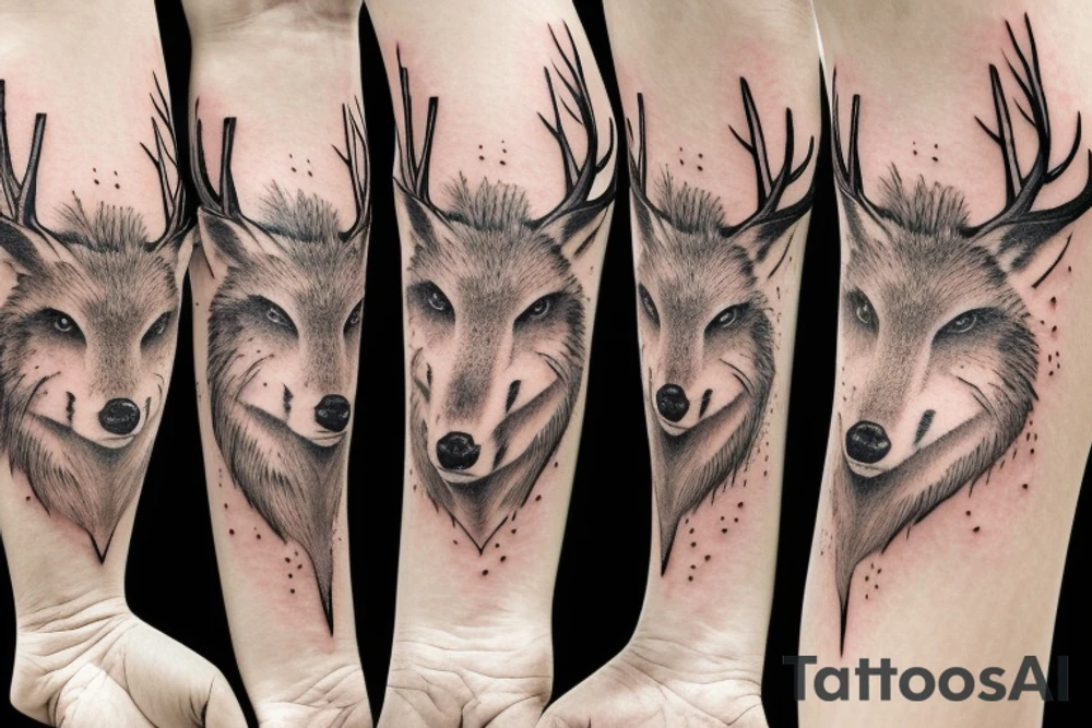 A deer head and a fox head staring at each other, arm sleeve tattoo idea